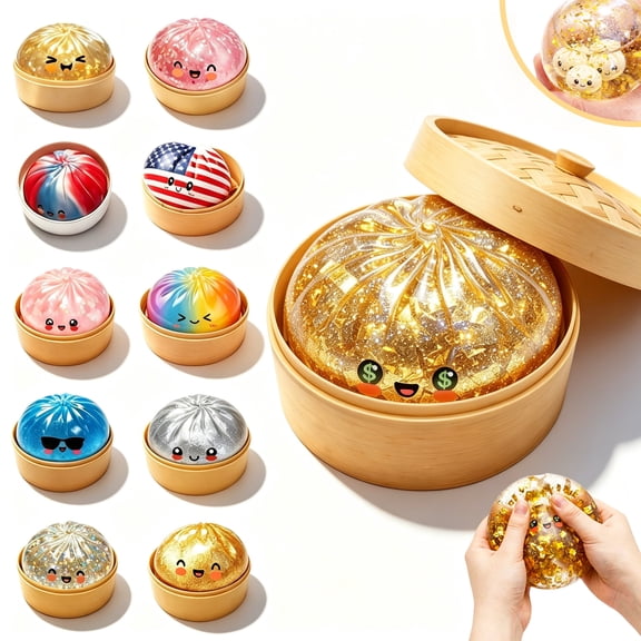 Multiple Themes China-Bun Squishies, Big Soft Dumplings Squeeze Dough Bao with Steamed Box, Glitter Fidget Decompression Stress Balls Crazy Gifts for Fun