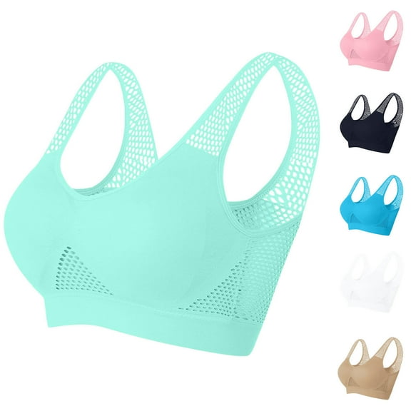Feancey Women's Sports Bras Hollow Out Wide Strap Wirefree Brassiere Eyelet Breathable Yoga Workout Bra Quick Dry Seamless Wireless Bras Beige L