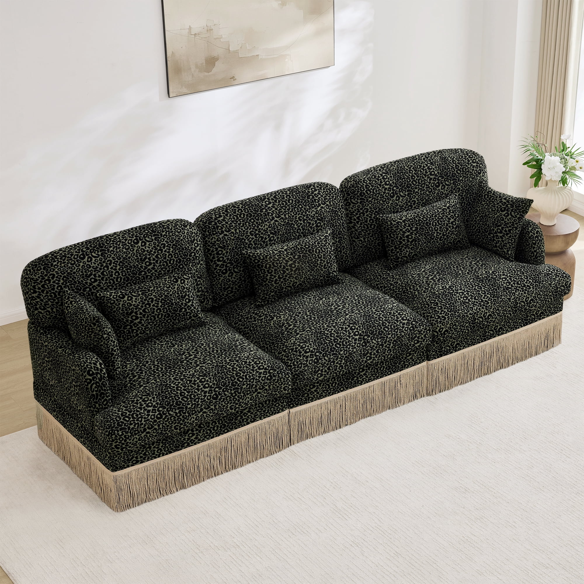 100" Chenille Leopard Tassel Deep Seat 3 Seater Sofa Couch with 5 Throw Pillows