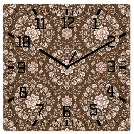 Wall Clock Brown Damask Flower Operated Square Clocks Wooden Silent Non-Ticking Wallclock 12 Inch Luxury Baroque Floral Bloom Wood Wall Clock for Living Room Bedroom Office Shool Home Decor