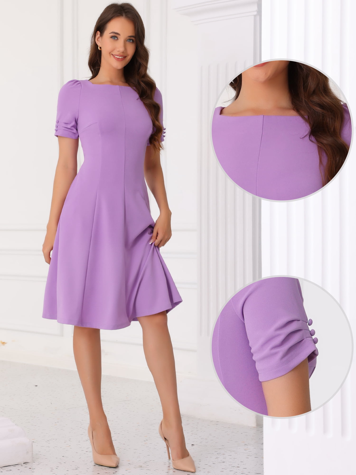 DARING DIVA A-Line Square Neck Ruched Short Sleeve Work Dress S Lavender