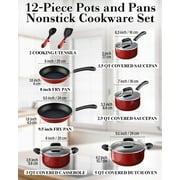Cook N Home Professional Pots and Pans Nonstick Cookware Set, Kitchen Cooking Set with Frying Pans and Saucepans, Induction Compatible, 12-Piece, Red
