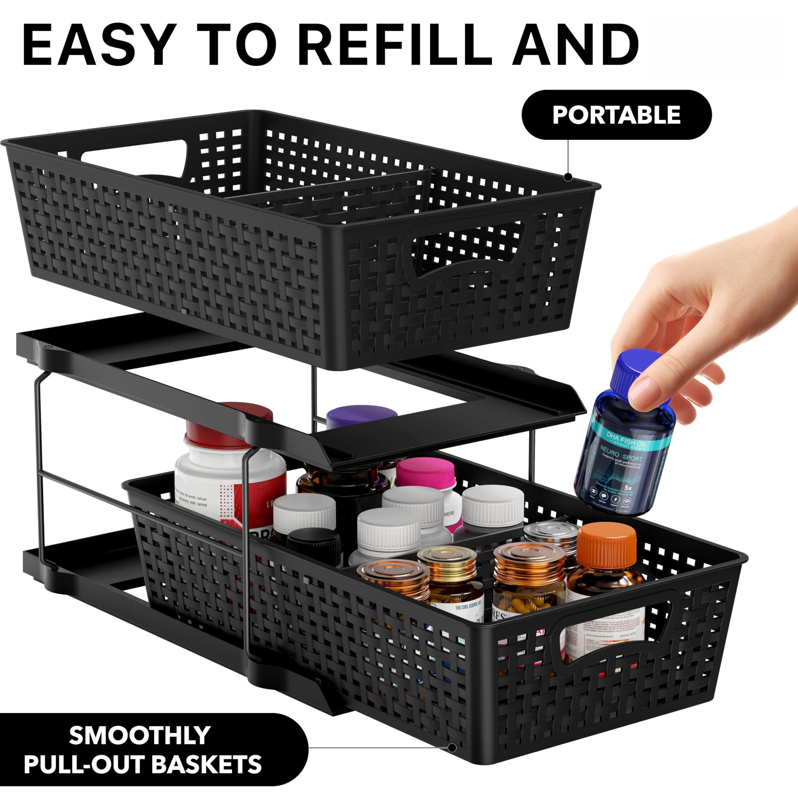 2 Tier Bathroom Organizer Tray Pull-out Sliding Drawer  Under Sink Storage Black