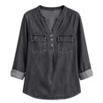 thumbnail image 7 of Kadlawus Long Sleeve Loose V Neck Denim Button Down Shirt Women Fall Casual Basic Pullover Tops Soft Stretchy Comfort Commute Travel Home Daily Wear, Black XL, 7 of 7