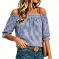 thumbnail image 2 of ClodeEU Women's Plaid Off Shoulder Blouse,Short Puff Sleeve Cropped Casual Summer Top Navy-Plaid ^,Women's Plus S, 2 of 9