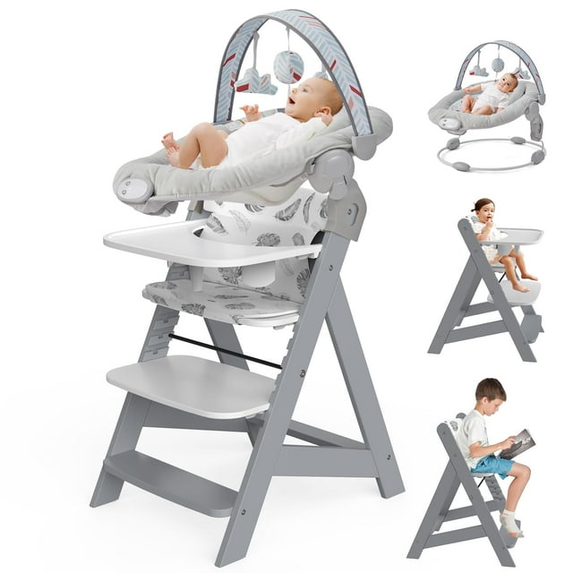 Trona de madera HOMEKOL convertible con hamaca para bebés, color gris