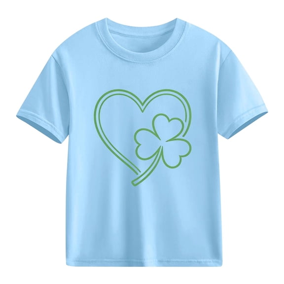 Blue St Patrick's Day T-Shirt for Girls Kids Shamrock Heart Short Sleeve Cotton Tee Soft Casual Holiday Good Fortune Kids Top,Size 4 T