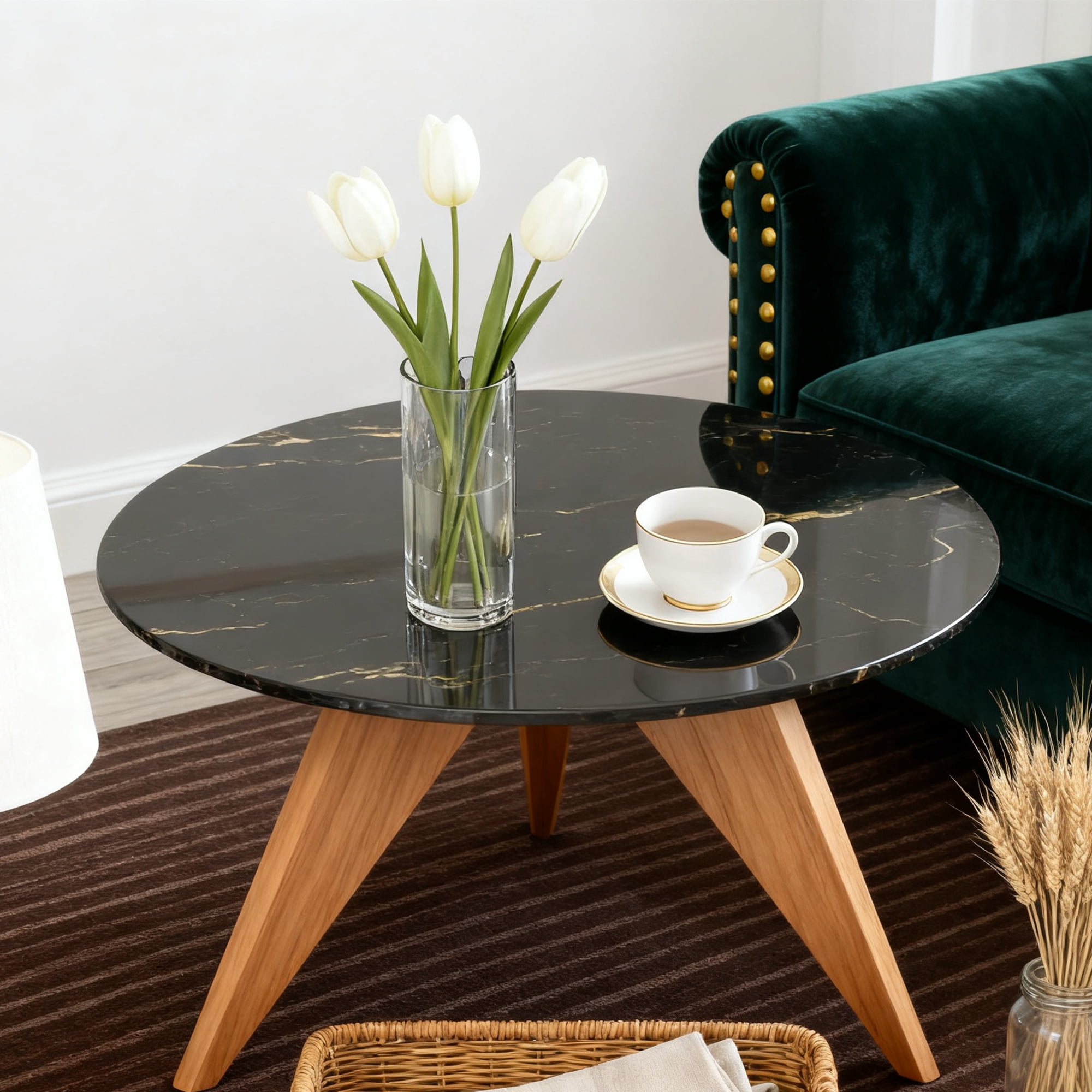 MAYEERTY 28in Round Tempered Glass Table Top, 0.31in Thick Black Gold Vein Marble Print DIY Replacement Table Cover, Heat Scratch Proof Desktop for Small Side Coffee Patio Bistro Table