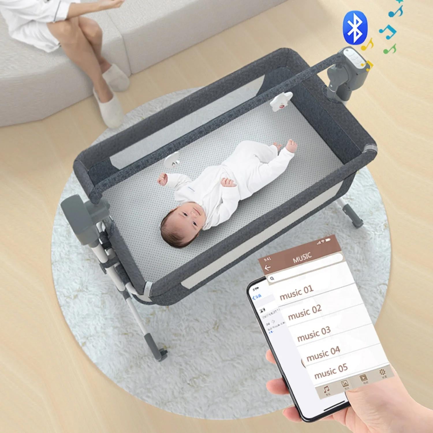 Star_Byul Automatic Baby Crib Convertible Bedside Sleeper with Bluetooth Music Speaker Baby Crib for Infants to Toddlers Unisex Beige