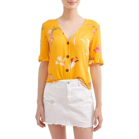 Leopard Print Ruffle Trim - Juniors' Floral Printed Ruffle Trim Short Sleeve Blouse