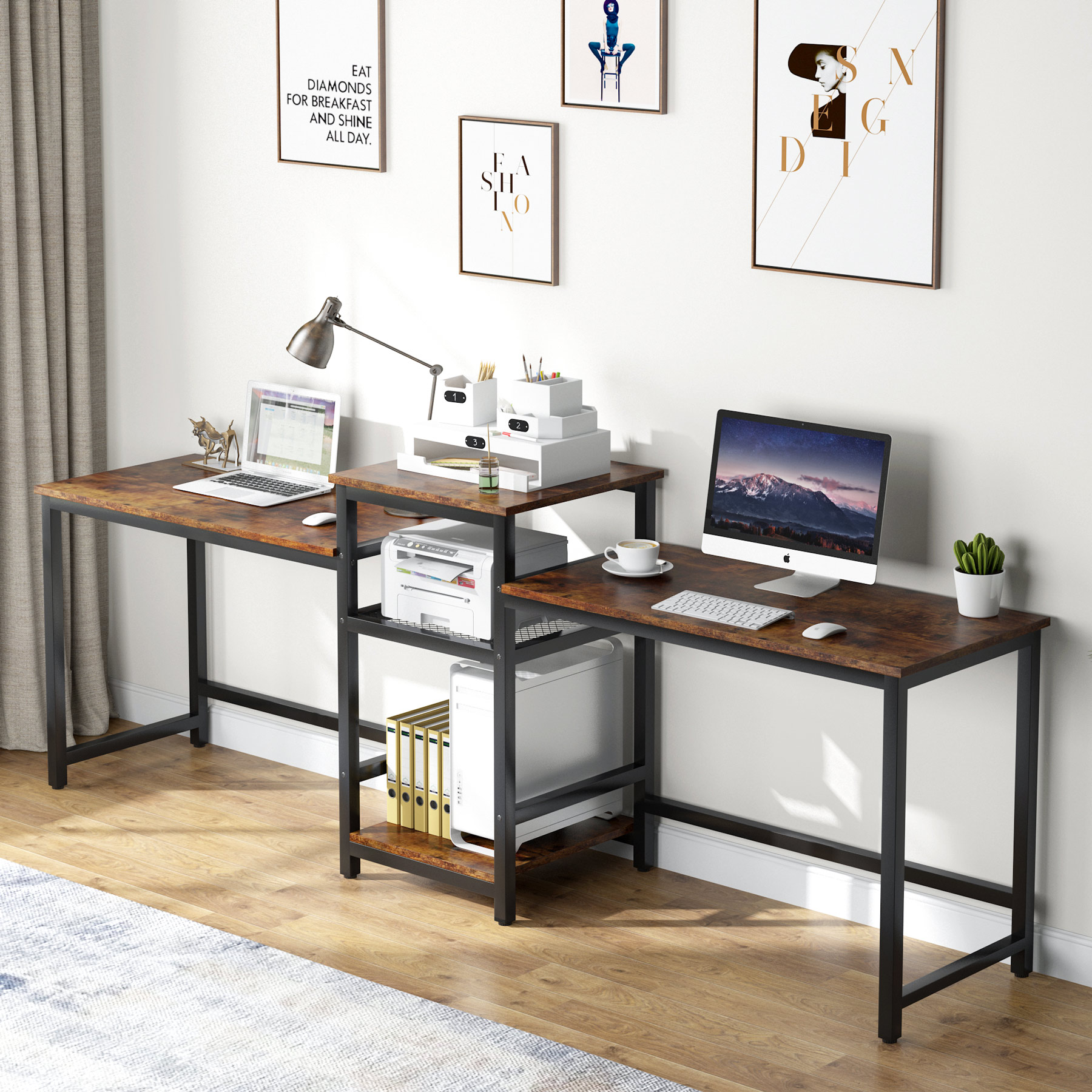 Tribesigns 96.9" Two Person Computer Desk with Shelves, Extra