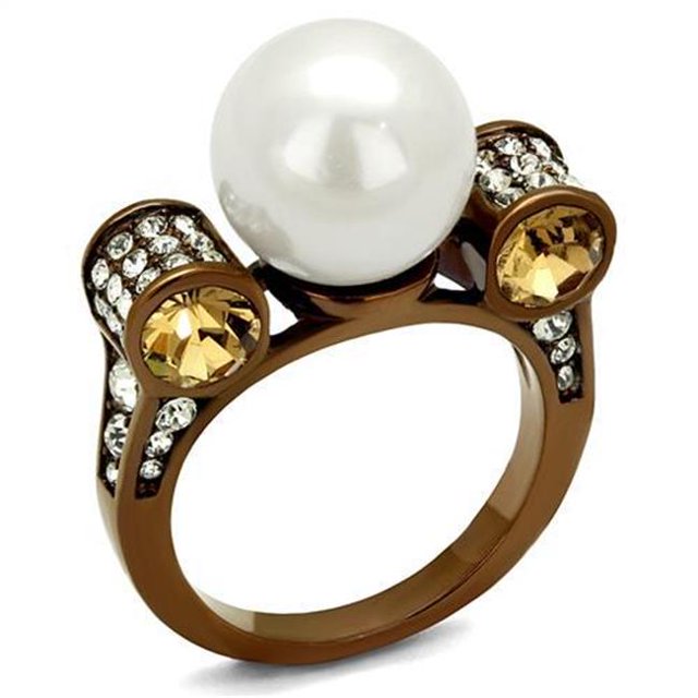 Women IP Coffee Light Stainless Steel Ring with Synthetic in White - Size 5