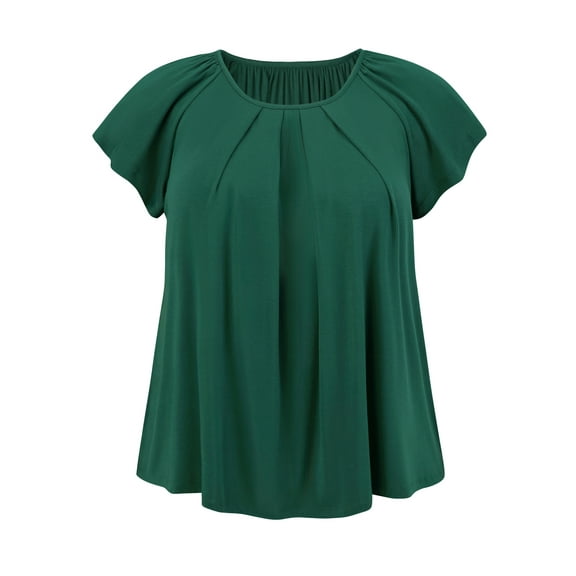 GRACE & GRANDEUR Women's Plus Size Summer Blouse Pleated Curved Hem Ruffle Sleeve Round Neck Dressy Loose Tops 1X Dark Green