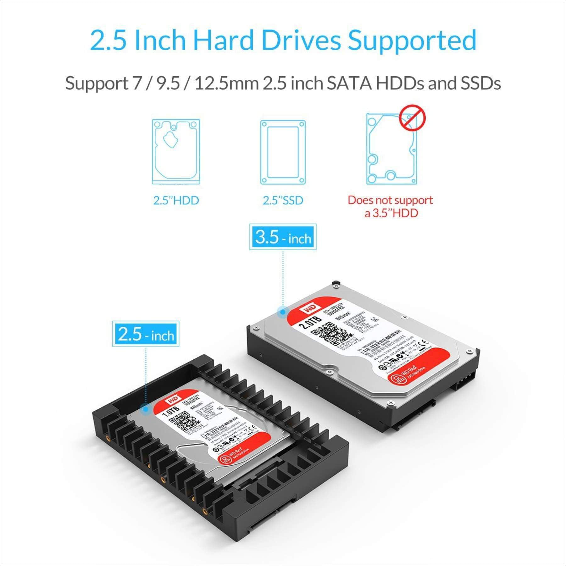SATA III 2.5 to 3.5 inch Hard Drive Adapter Converter for 7/9.5/12.5mm HDD  SSD