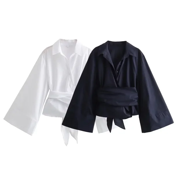 ASDS-camisa de popelina de doble botonadura para mujer, camisa informal con cuello tipo Polo y lazo, edición corta, otoño e invierno, 2024