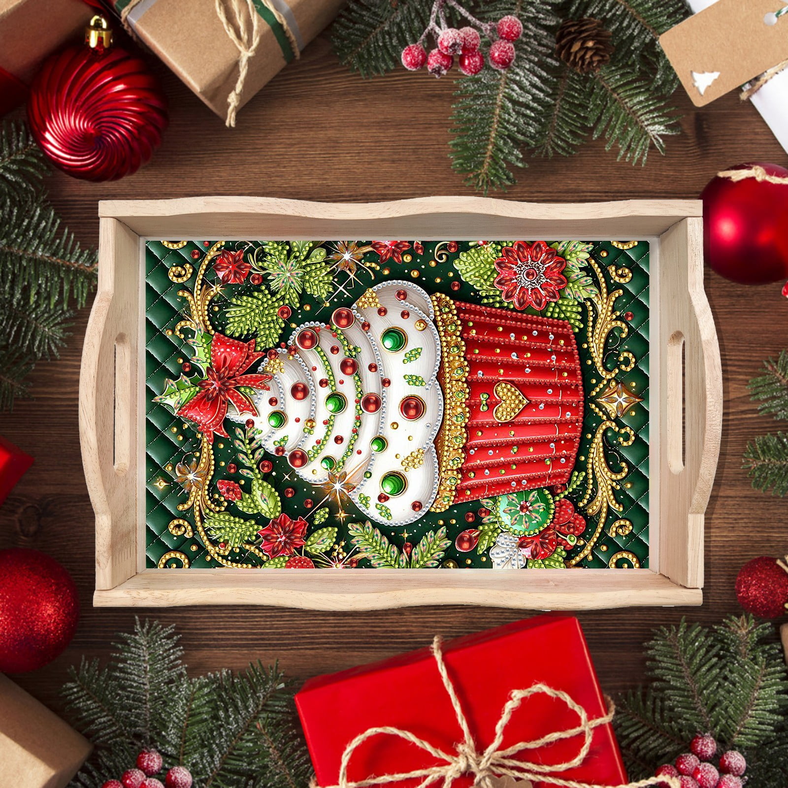 FLOPESN DIY Diamond Art Painting Handmade Wooden Tray,Creative Design Serving Dinner Plate for Coffee Living Room Home Organizer-Christmas Cupcakes