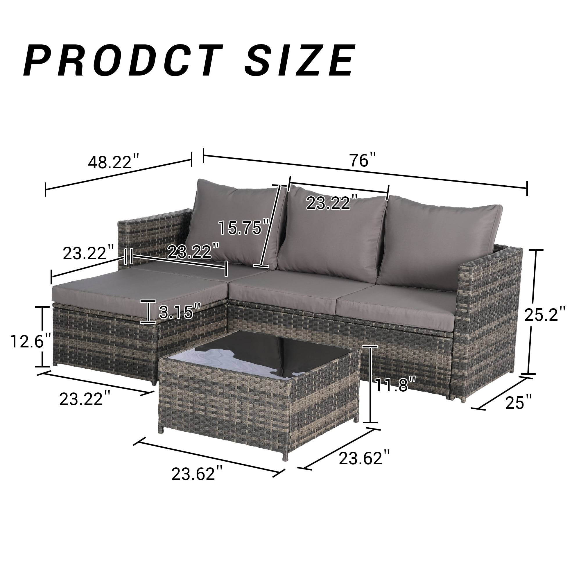 3 Pieces Patio Furniture Set,All-Weather Outdoor Woven Sectional L- Shaped Sofa with Ottoman,Wicker Conversation Set with Tempered Glass Coffee Table for Backyard Poolside,Dark Gray