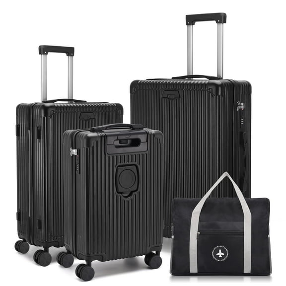 3 Piece Hardside Luggage Set, Hardshell Lightweight Suitcase with Duffel Bag, Double Spinner Wheels, USB Port, Cup Holder, TSA Lock ,Side Hook 20in24in28in.(Black)