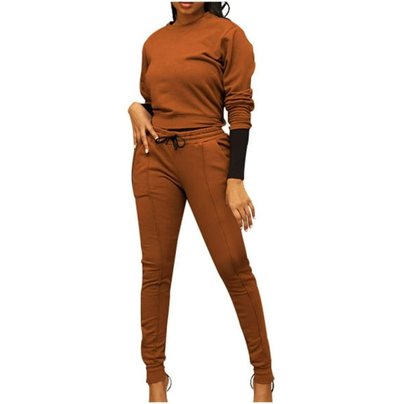 Babysbule Womens Fall Plus Top Sets Outfit Fall Fashion Women Long Sleeve Round-Neck Blouses Shirts Elastic Waist Drawstring Pocket Zipper Pants