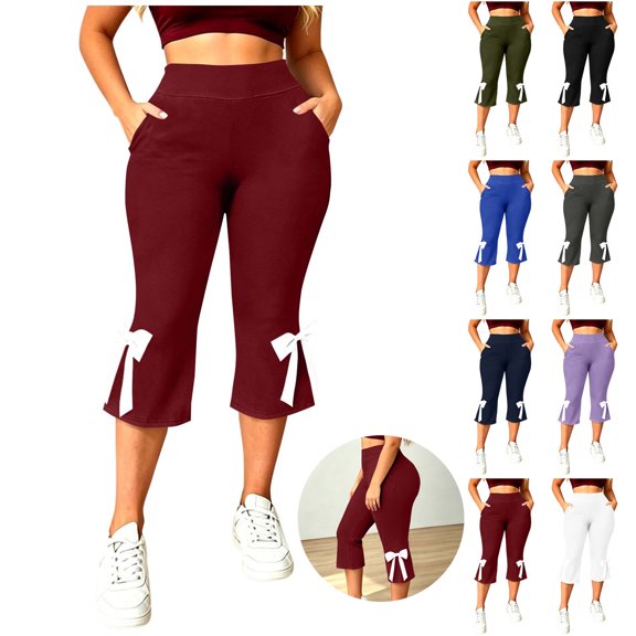 Bloomae Women's Plus Size Capri Leggings High Waisted Side Bowknot Yoga Pants Basic Athletic Solid Color Tummy Control Skinny Cropped Trousers