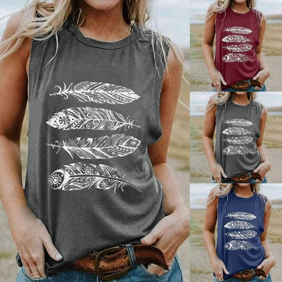 Womens Tank Tops Women's Plus Size Feather Print Tank Tops Adult Girls Summer Beach Funny Graphic Tanks Vest Blouse