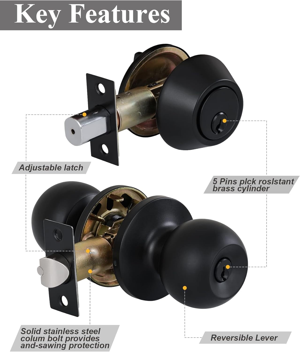 (4 Sets) All Keyed Same Entry Knobs&Single Cylinder Deadbolt for Exterior Front Doors, Round Ball Matte Black Finish Entry Door Lock with Same Keys