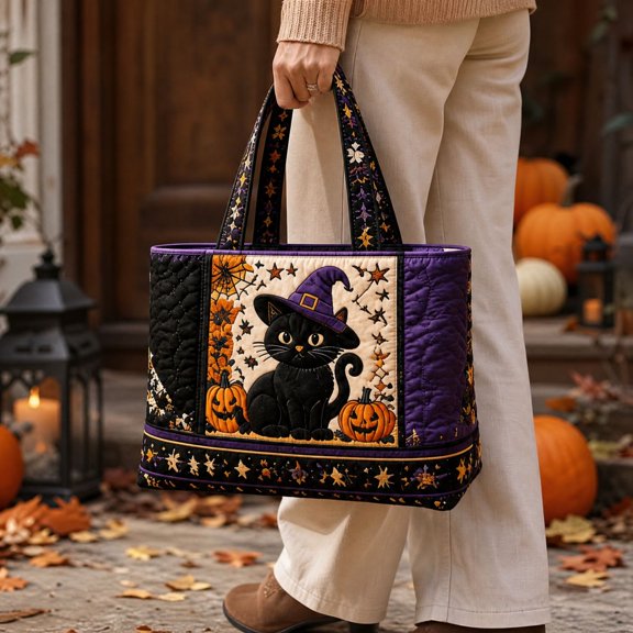Halloween Tote Bag with Quilted ing,Spooky Gothic Fabric Carryall for Autumn Fall Shopping,Vintage Padded Purse for Her,1 Piece