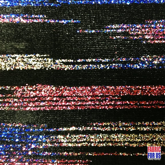 Stripe Red Blue White Multi-Glitter Poly-Spandex Stretch Fabric 58" Wide