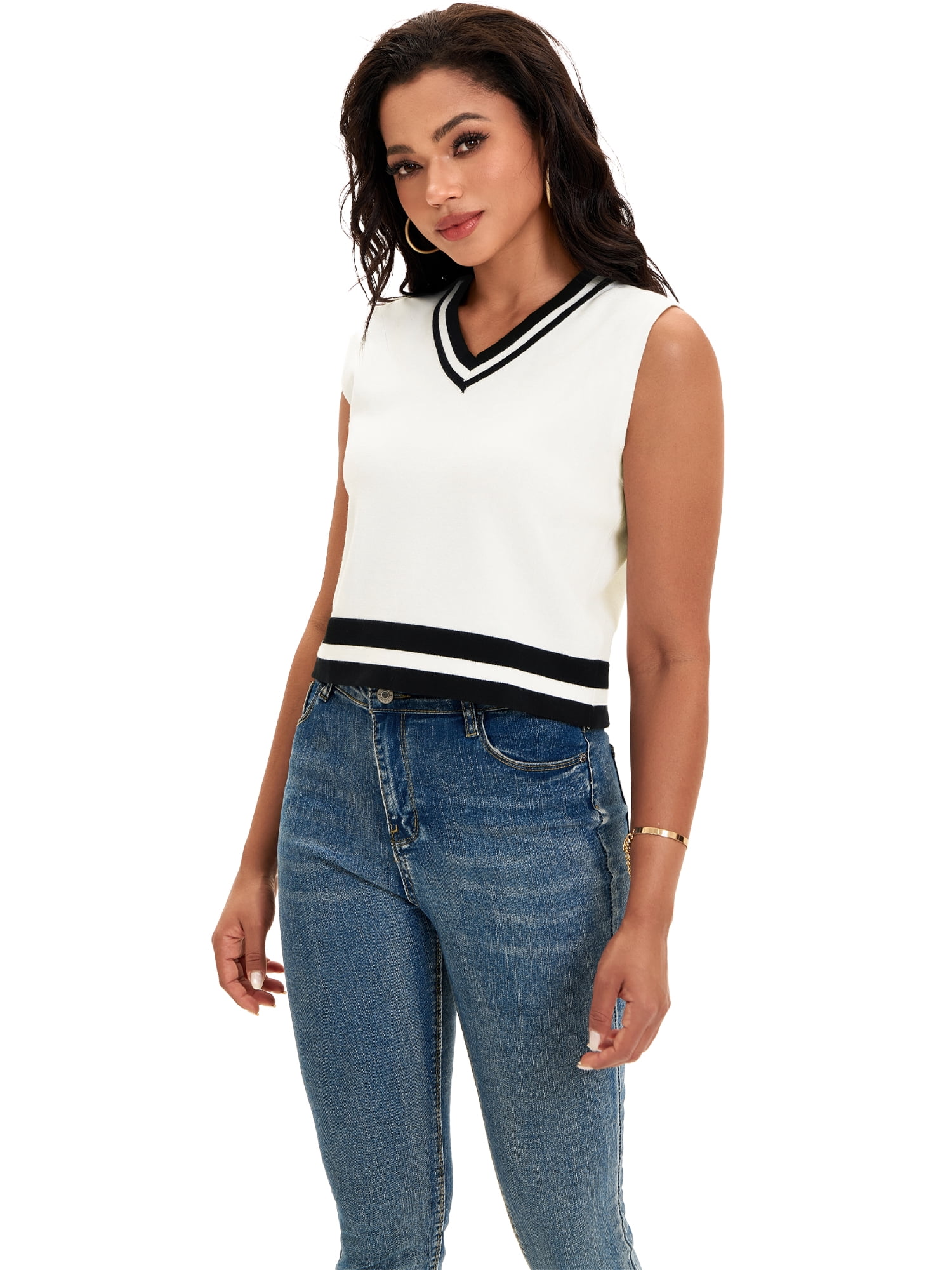 DARING DIVA Women's Cropped Sweater Vest Summer Tank Tops L White Black