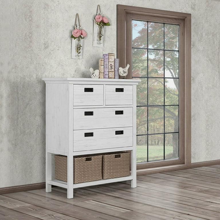 Evolur Waverly Tall Chest with Baskets in Weathered White 4 drawers Rustic