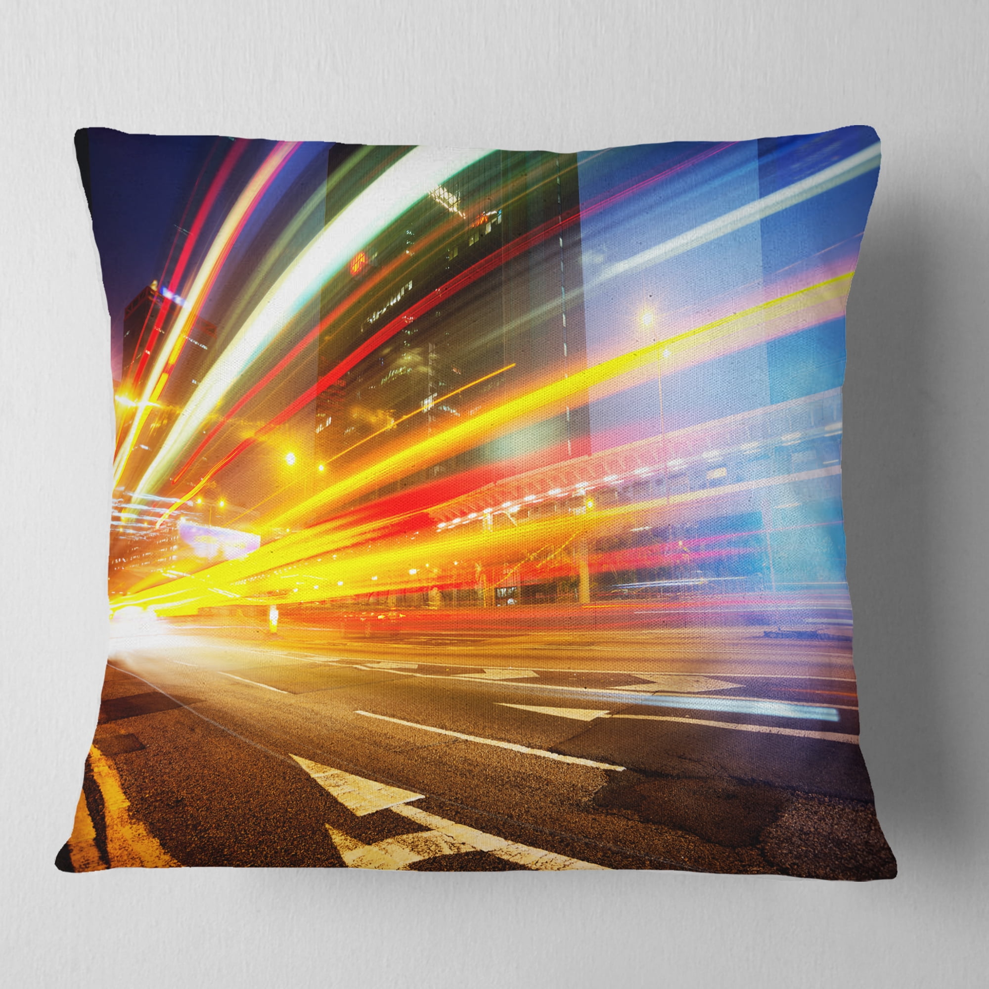 Designart Car Light Trails in Hong Kong - Cityscape Photo Throw Pillow - 18x18