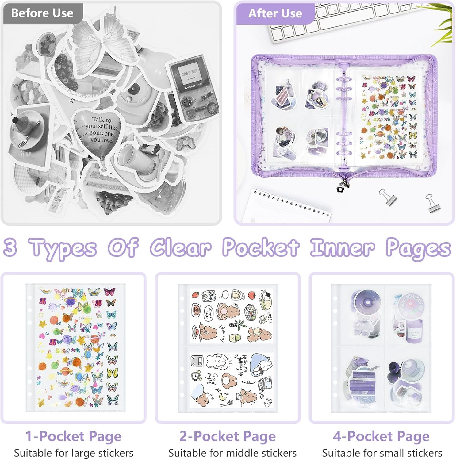 Sticker Organizer Binder - Reusable Sticker Collecting Book Storage Album Holder with Pocket Pages A5 Zipper Cover Collection Container