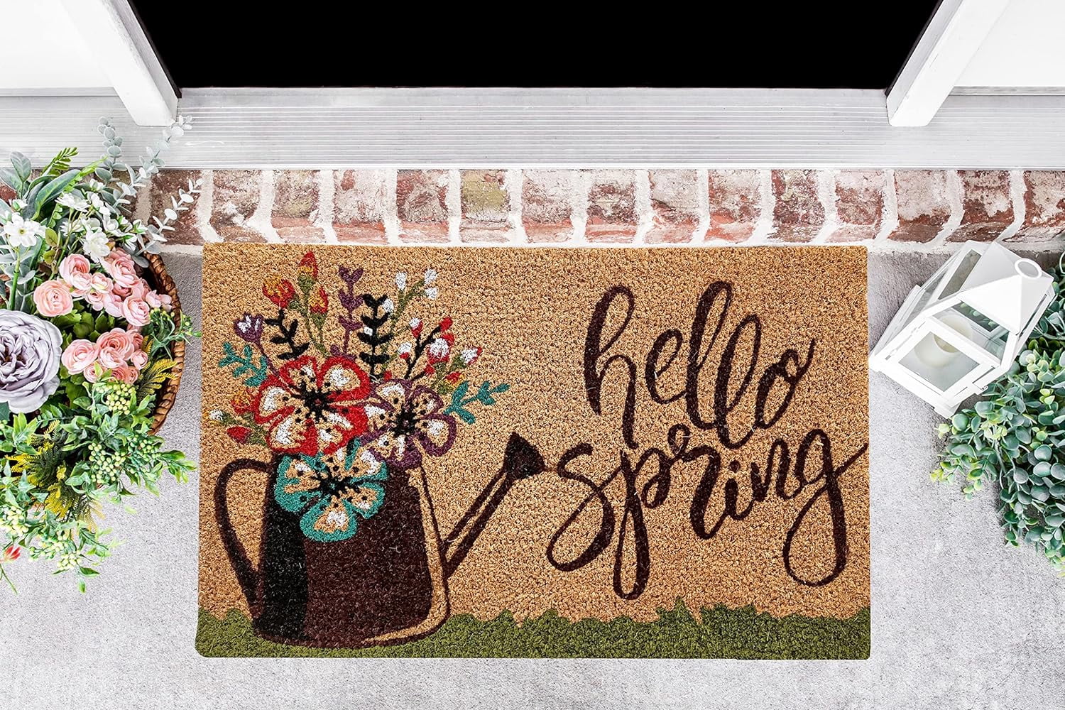 Kashi Home Printed Coir Fiber 18x28 Non-Slip Doormat, Durable Outdoor / Indoor Rug, Entryway, Front Door, Porch, Patio, Welcome Mat, Hello Spring, Floral Americana Decor (Hello Spring Watering Can)