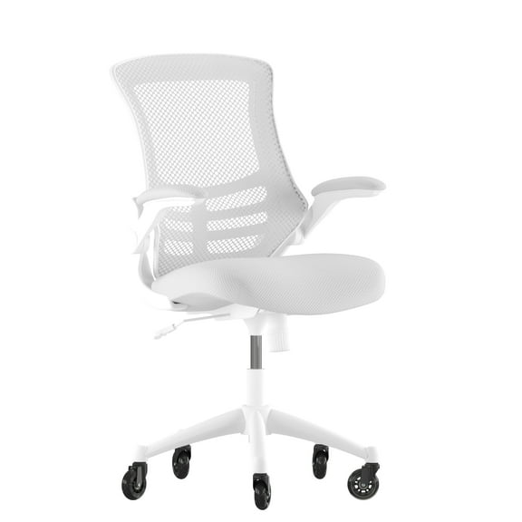 Flash Furniture Kelista Mid-Back Light Gray Mesh Swivel Ergonomic Task Office Chair with White Frame, Flip-Up Arms, and Transparent Roller Wheels