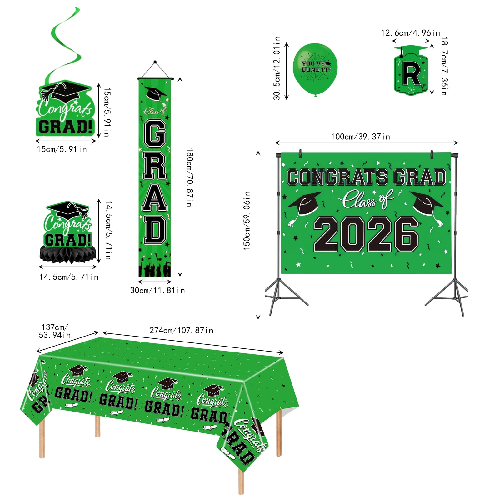 48 Pcs Class of 2026 Graduation Party Kit, Congrats Grad Banner with Backdrop, Green Gold Balloon Arch Set, Complete High School College Celebration Supplies