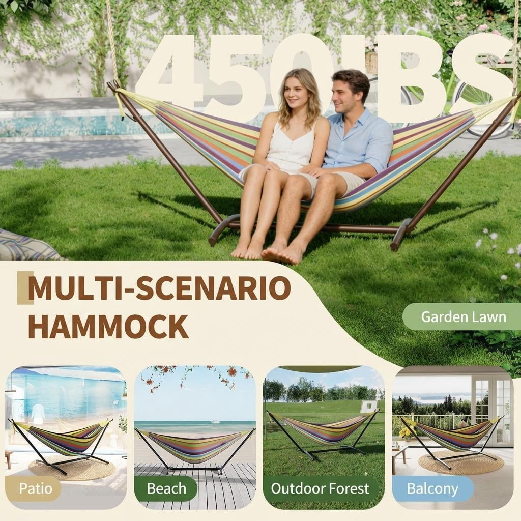 JoanKaren Double Hammock with Portable Space Saving Heavy-Duty Steel Stand,2 Person Outdoor 450lb Capacity Standing Hammocks,Indoor/Outdoor,Yellow Rainbow Stripes