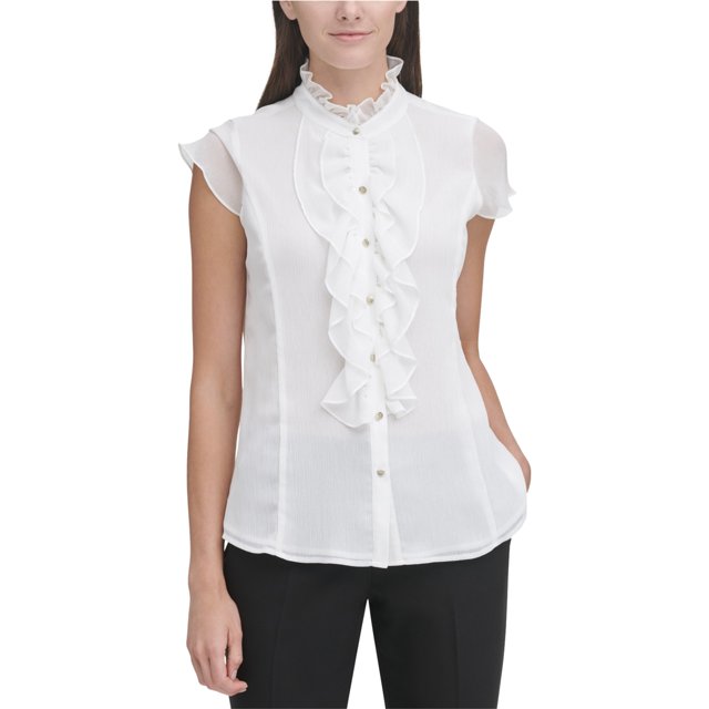 Tommy Hilfiger Blusa con botones y ribete de volantes para mujer, blanco, mediano Tommy Hilfiger Abotonar