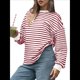 thumbnail image 2 of Sudadera de Cuello Redondo A Rayas de Gran Tamaño para Mujer, Jersey de Larga con Bloques de Color, Camiseta Informal Holgada para Hacer Ejercicio, Color Rojo XXL, 2 of 6