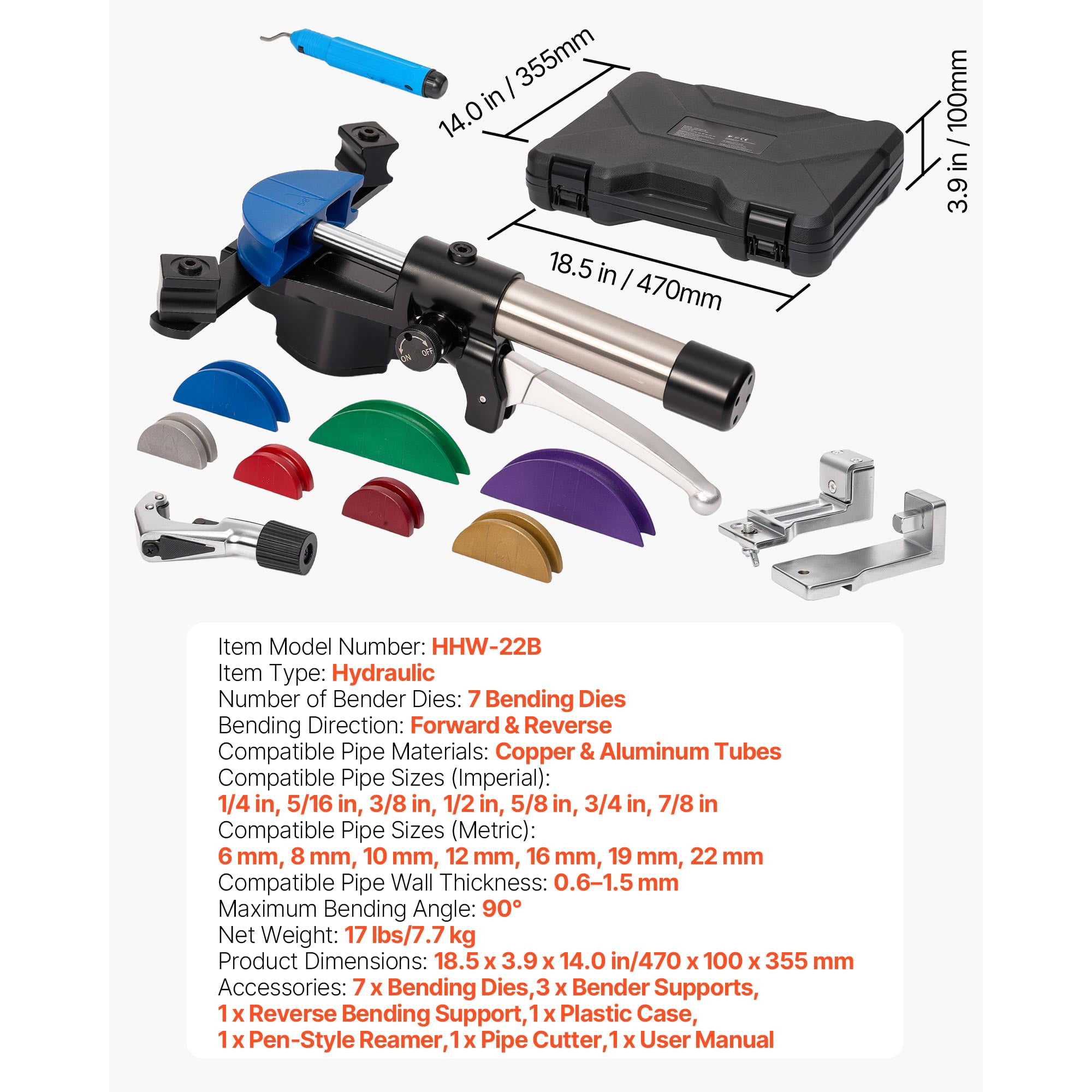 KFFKFF Hydraulic Tubing Bender Kit, 1/4 to 7/8 Inch, Copper Pipe Bending Tool, Forward/Reverse Operation, Includes 7 Aluminum Alloy Dies, Suitable for HVAC, Refrigeration, and Auto Maintenance