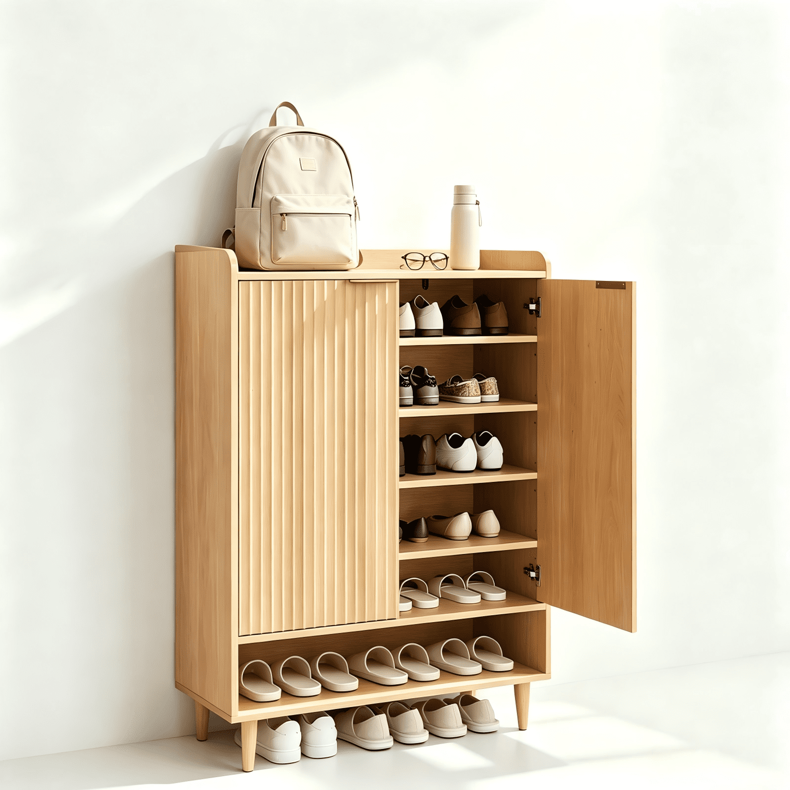 2 Cabinet Doors with Top Enclosure and 1 Row of Shelves for Shoe Cabinets Melamine Board + MDF Conical Leg Grille Shoe Cabinet 31.61*14.17*41.97in Oak