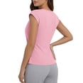 thumbnail image 4 of Qulqfy Short Sleeve Women Blouses Solid Slim Crew Neck Casual Tunic Trendy Spring Summer Pleat Women Tops Pink L, 4 of 6