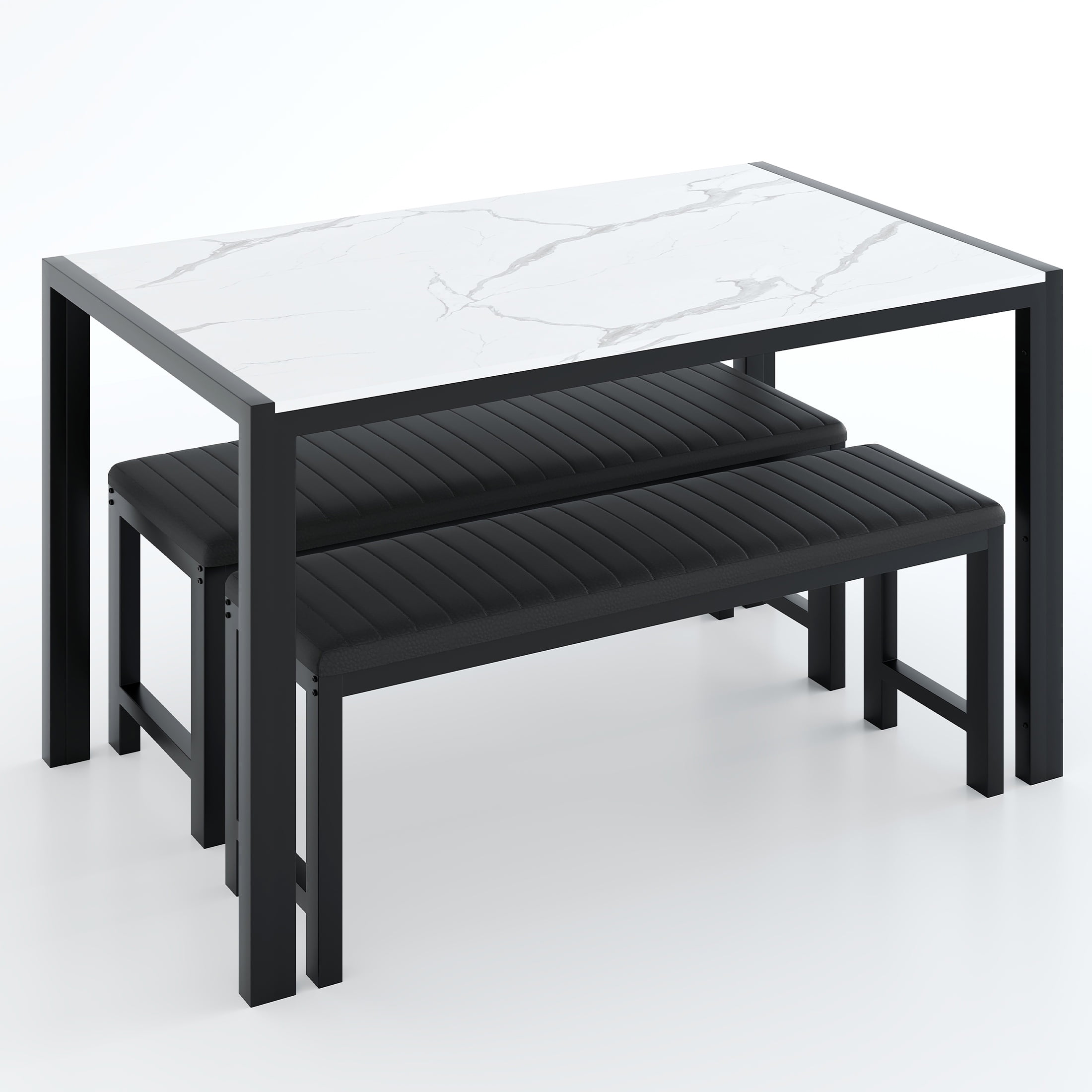 UHOMEPRO Dining Table Set for 4, Kitchen Table with 2 Benches, Modern Dining Room Table Set with Metal Frame, Breakfast Nook Furniture Set for Home Cafeteria Bar Kitchen, White+Black