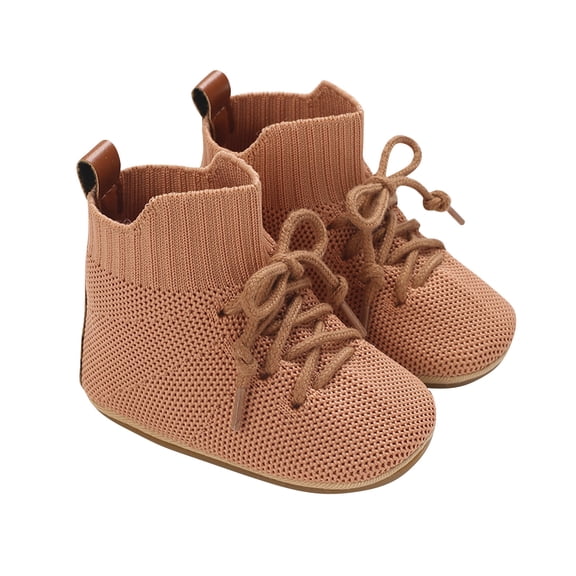 Owordtank Baby Booties for Boys & Girls - Soft Knit High-Top Boots with Lace-Up Closure, Non-Slip Rubber Sole