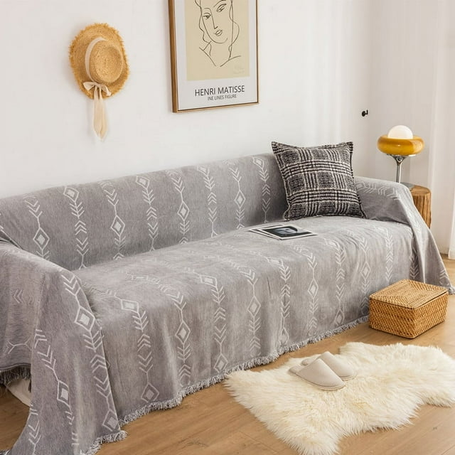 Nvzi Couch Cover Chenille Sofa Covers Jacquard Weave Sofa Towel Cover for Living Room Sofa Easy Fit Washable Furniture Sofa Protector 70.87*90.55inch (Grey White)