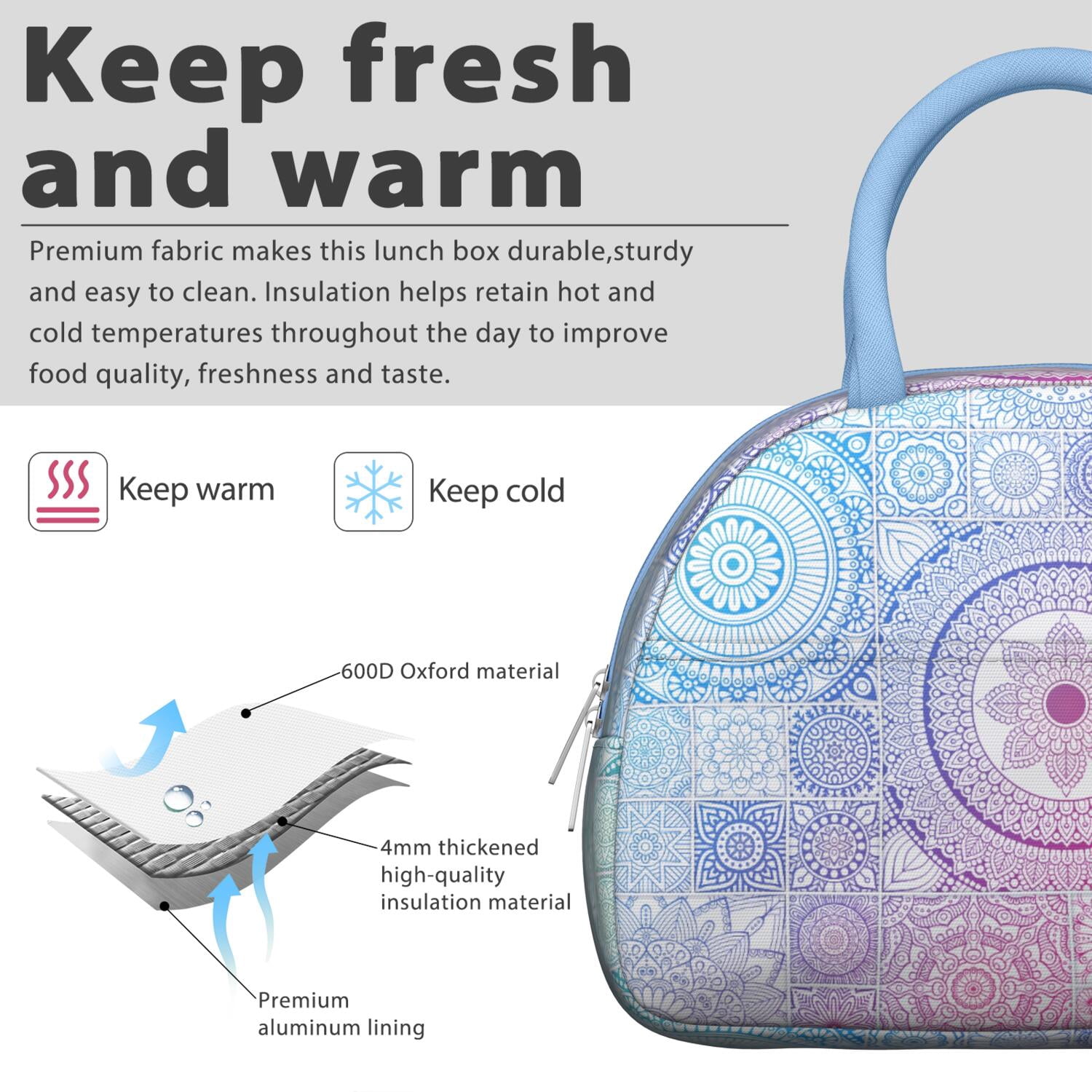 Rustic Bohemian Lunch Tote for Women, Ethnic Style Insulated Lunch Bag with Retro Hippie Patterns, Reusable Leakproof Cooler for Office or Picnic Use