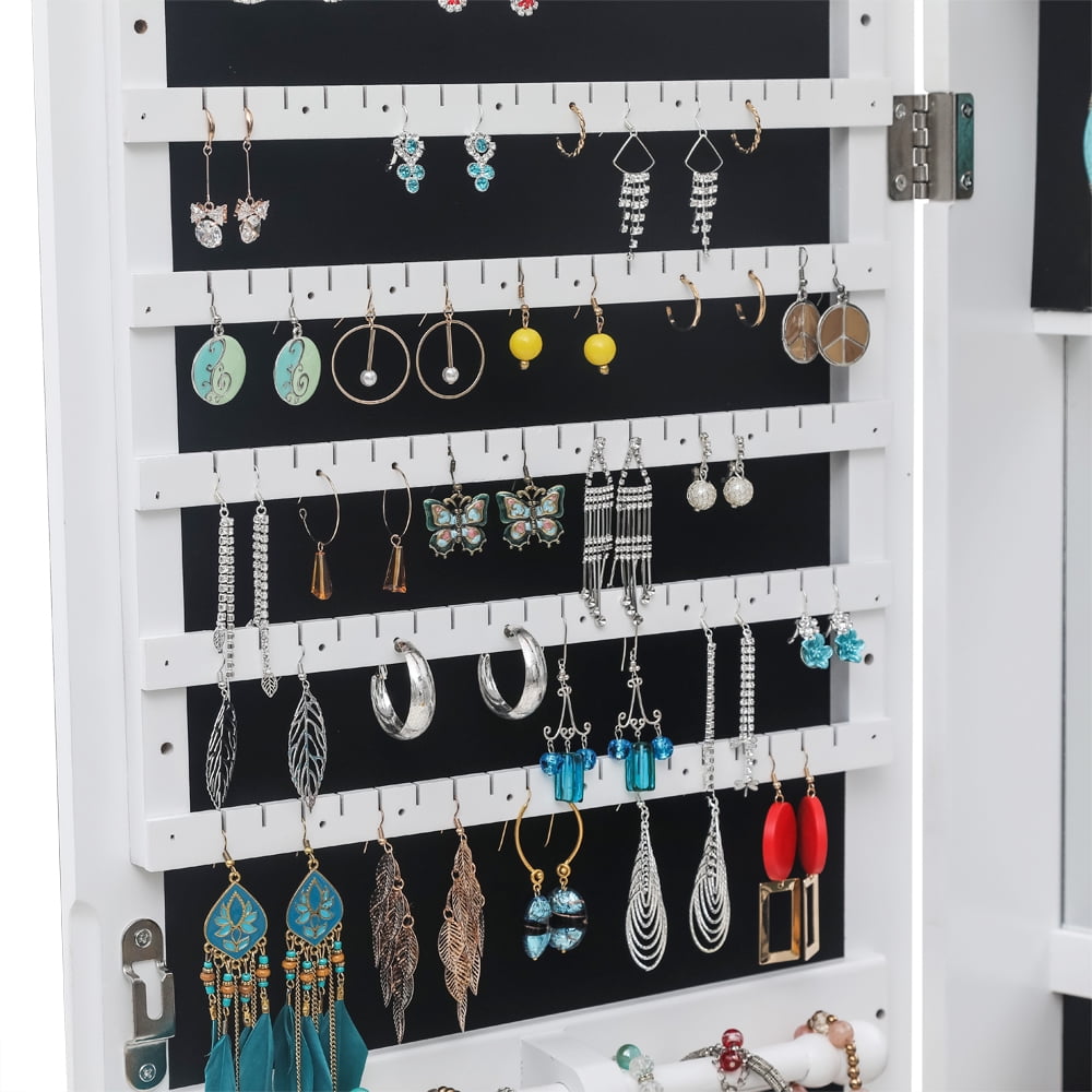 Kepooman 4-Layer LED Wall Door Mounted Jewelry Armoire Cabinet, Hanging Lockable Jewelry Organizer Box wirh Dressing Mirror, White Kepooman 4-Layer LED Wall Door Mounted Jewelry Armoire Cabinet, Hanging Lockable Jewelry Organizer Box wirh Dressing Mirror, White