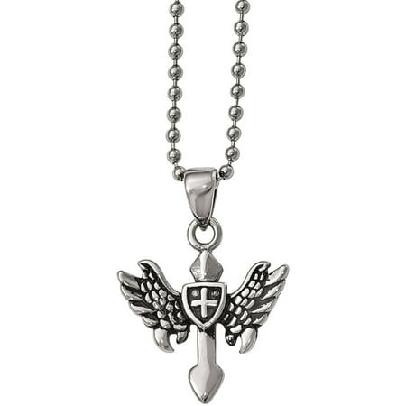 Primal Steel Stainless Steel Polished and Antiqued Cross with Wings Necklace, 20