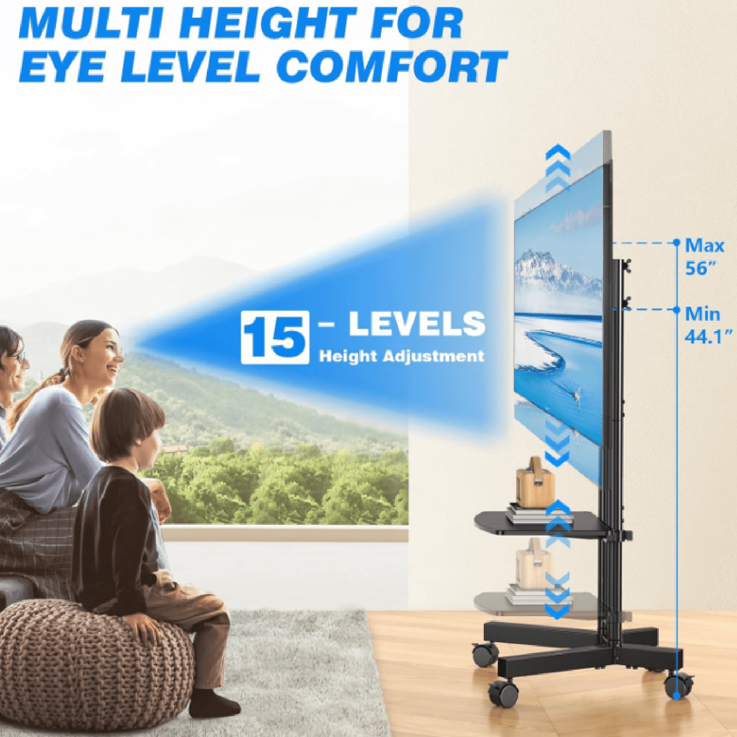 Rolling TV Stand with Laptop Shelf, Mobile TV Stand with Upgraded Wheels for 32-75 Inch TVs, Height Adjustable Mobile TV Cart up to 88lbs, Portable TV Mount Stand for Outdoor, Home, Office