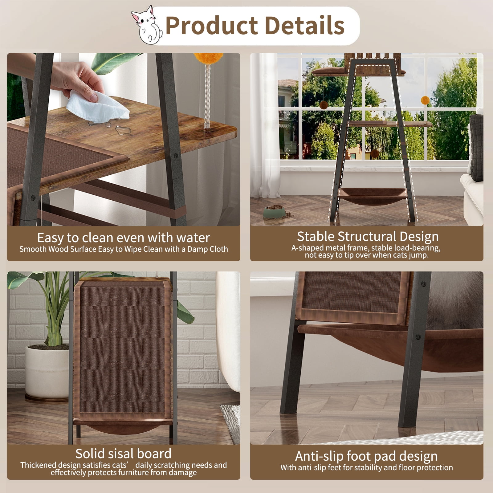 Modern Cat Tree, 58-Inch Cat Tower for Large Cats, Maine Coon Cat Tree with Scratching Board, Large Perch, Hammock and Removable Pads, Rustic Brown
