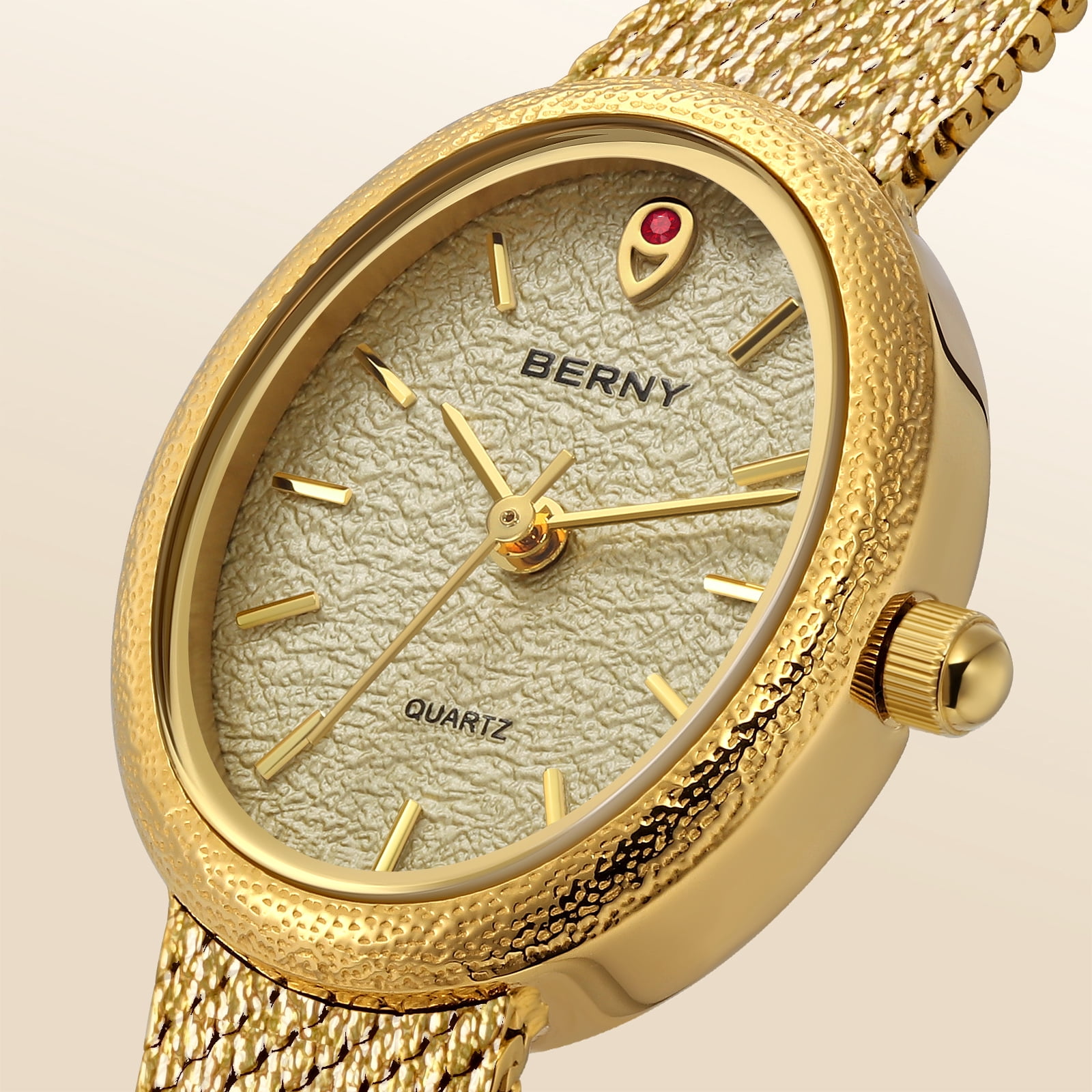 BERNY Small Gold Watches for Women, Dainty Minimalist Oval Dial, Vintage Stainless Steel Bracelet Watch, Adjustable Mesh Band, Waterproof, Luxury Ladies Analog Quartz Wrist Watch Gifts (Gold)